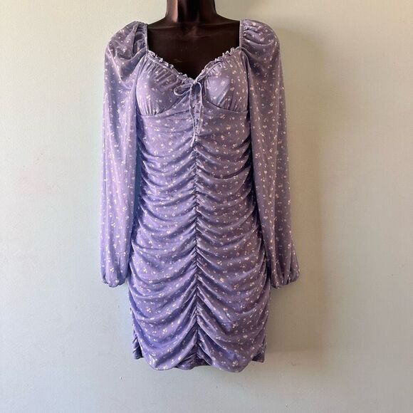 Sheer Baby Blue Floral Ruched Body-con long sleeve Mini dress Size Small - Picture 3 of 5